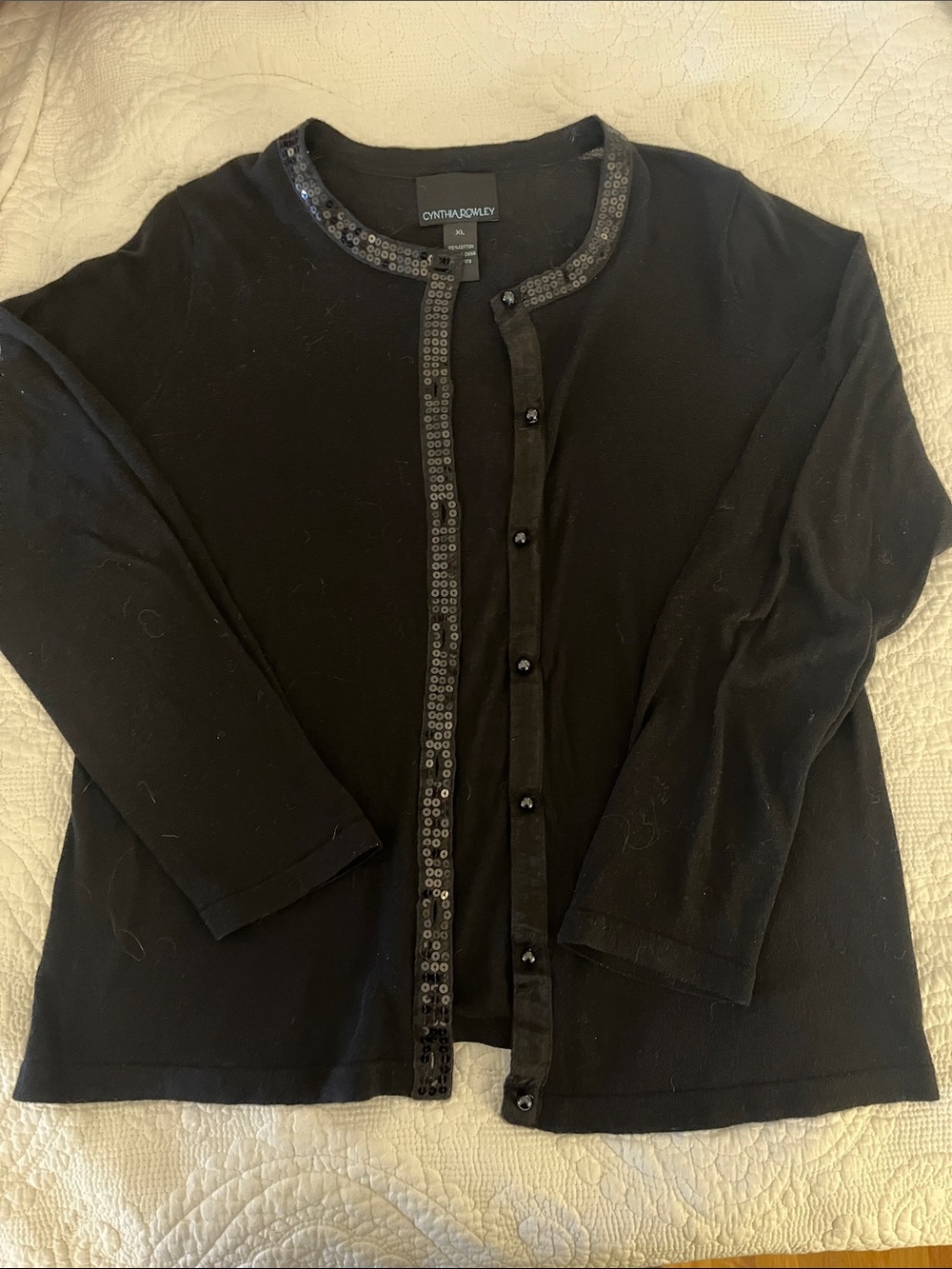 Cynthia Rowley Black Sequin-Trim Button Cardigan